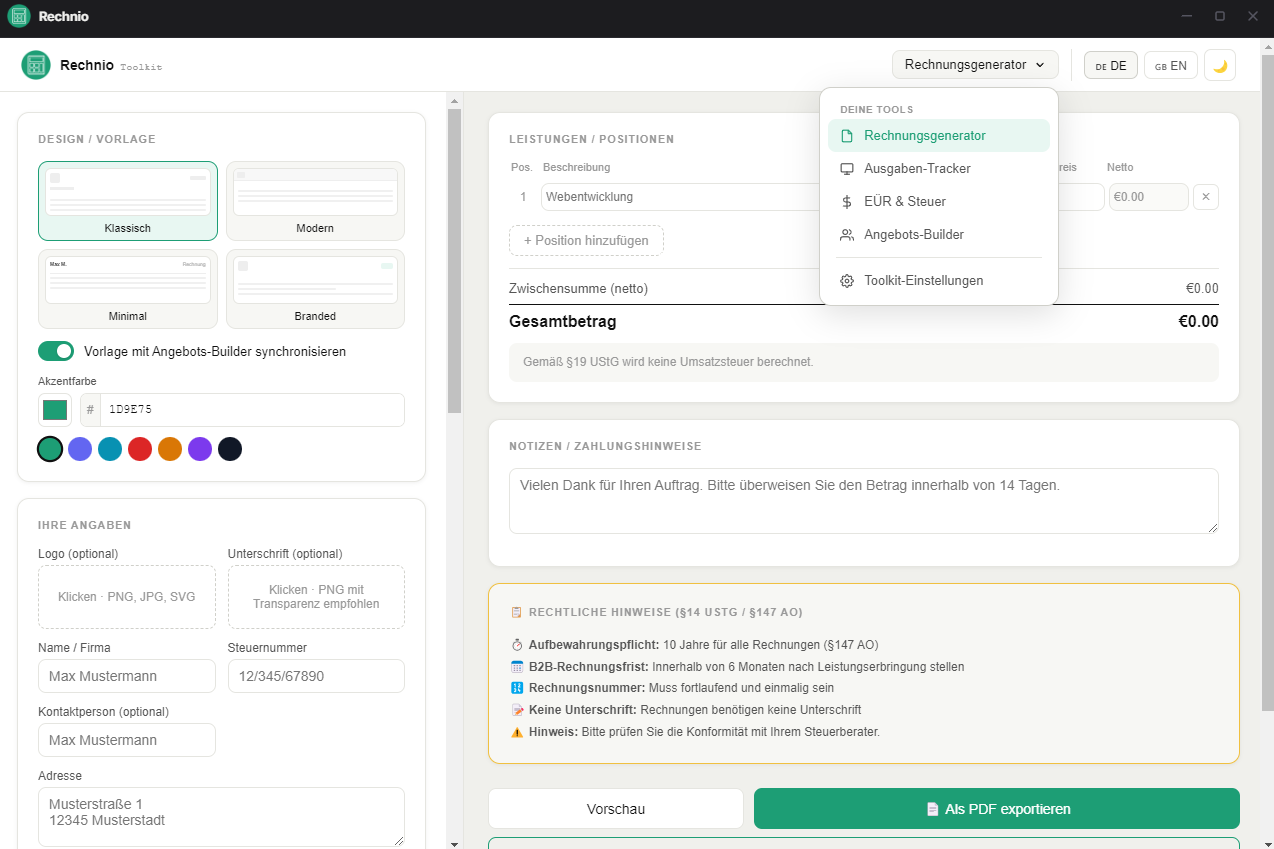 Rechnio Tool Interface Vorschau